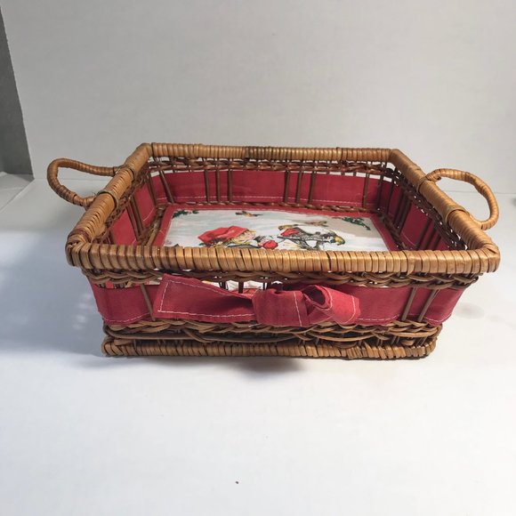 Vintage Christmas Birdhouse Napkin Bread Basket Red Ribbon Bow Holly Birds Nest - Picture 4 of 16
